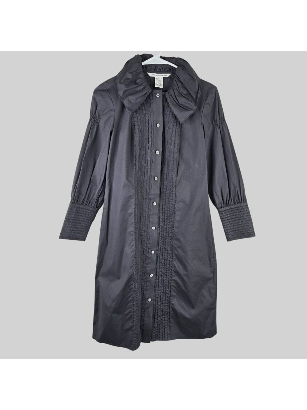 DVF Shirt Dress Black Pleated Ruffle Button Up Minimalist Victorian Regency Sz 4